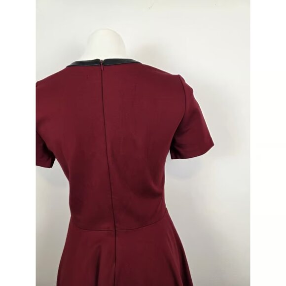 Madewell Burgundy Fit and Flare Dress Black Leather Trim Size Medium - Picture 6 of 8